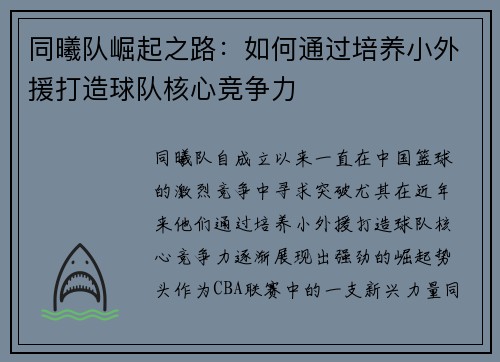 同曦队崛起之路：如何通过培养小外援打造球队核心竞争力
