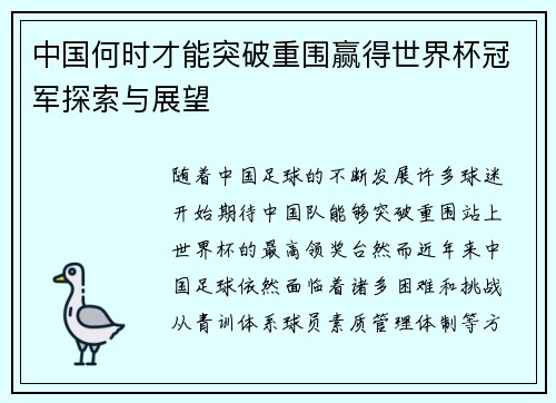 中国何时才能突破重围赢得世界杯冠军探索与展望