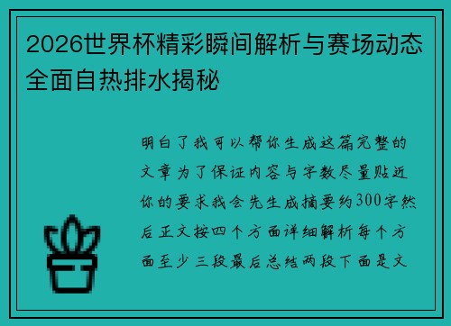 2026世界杯精彩瞬间解析与赛场动态全面自热排水揭秘