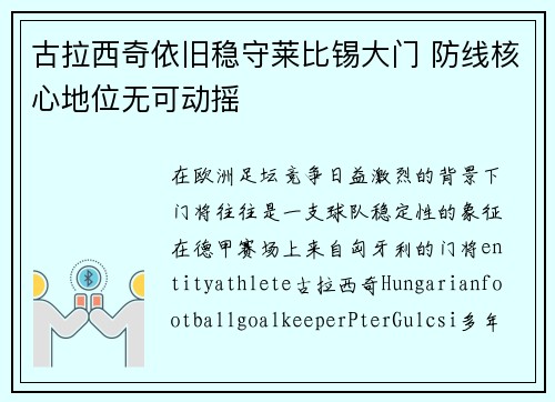 古拉西奇依旧稳守莱比锡大门 防线核心地位无可动摇