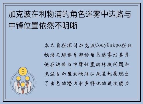 加克波在利物浦的角色迷雾中边路与中锋位置依然不明晰 加克波在利物浦的角色迷雾中边路与中锋位置依然不明晰